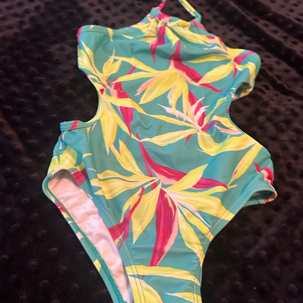 Old Navy Kids Swim One Piece - Teal and Yellow Tropical Print
